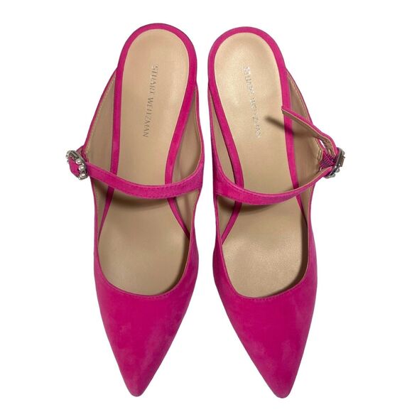 STUART WEITZMAN Women's Fuchsia Hot Pink Suede Heeled Mules Beaded Buckle 8.5 - Picture 12 of 12